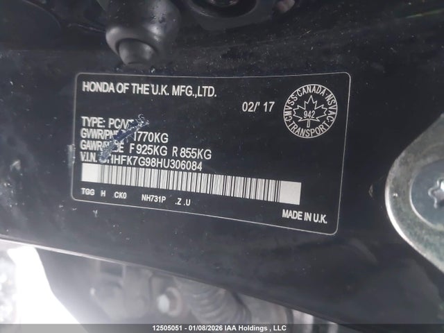Продаж на аукціоні авто 2017 Honda Civic, vin: SHHFK7G98HU306084, номер лоту: 12505051