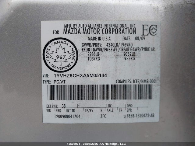 Auction sale of the 2010 Mazda Mazda6, vin: 1YVHZ8CHXA5M05144, lot number: 12505071