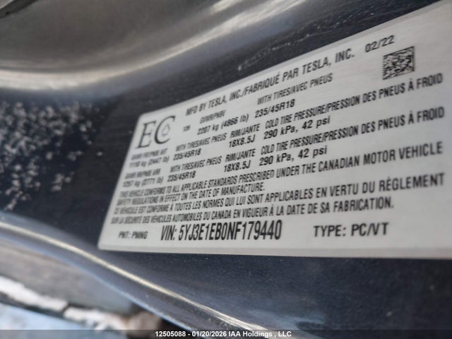 5YJ3E1EB0NF179440 Tesla Model 3 Long Range