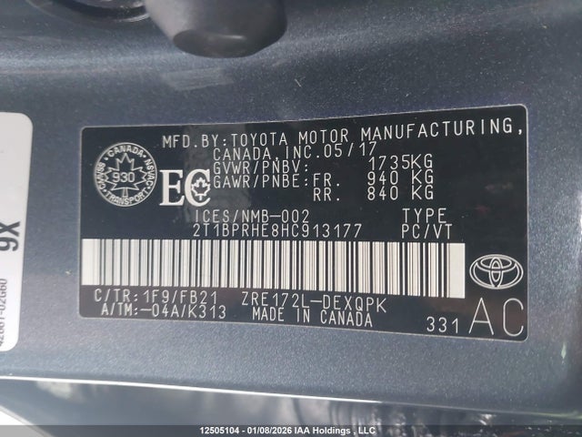 2017 Toyota Corolla Le Eco მანქანა იყიდება აუქციონზე, vin: 2T1BPRHE8HC913177, აუქციონის ნომერი: 12505104