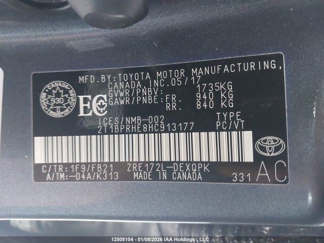 2017 Toyota Corolla Le Eco მანქანა იყიდება აუქციონზე, vin: 2T1BPRHE8HC913177, აუქციონის ნომერი: 12505104