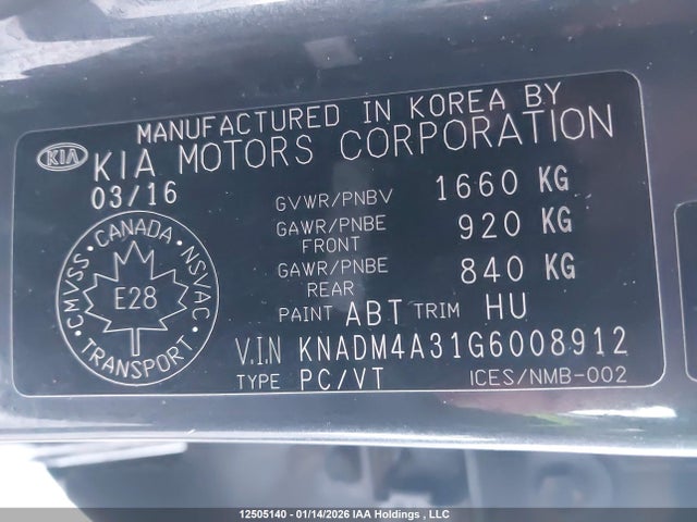 KNADM4A31G6008912 KIA Rio Ex/ex+ W/sunroof/lx/lx+/lx+ Eco/sx