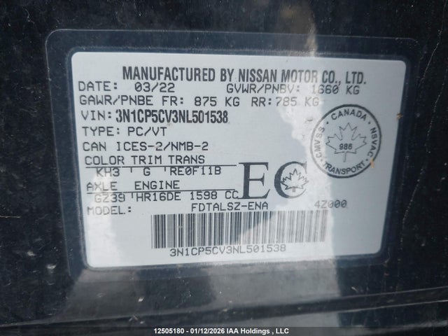 2022 Nissan Kicks Sv მანქანა იყიდება აუქციონზე, vin: 3N1CP5CV3NL501538, აუქციონის ნომერი: 12505180