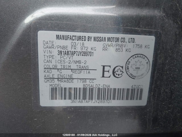 Продажа на аукционе авто 2018 Nissan Sentra Sv, vin: 3N1AB7AP7JY289701, номер лота: 12505188