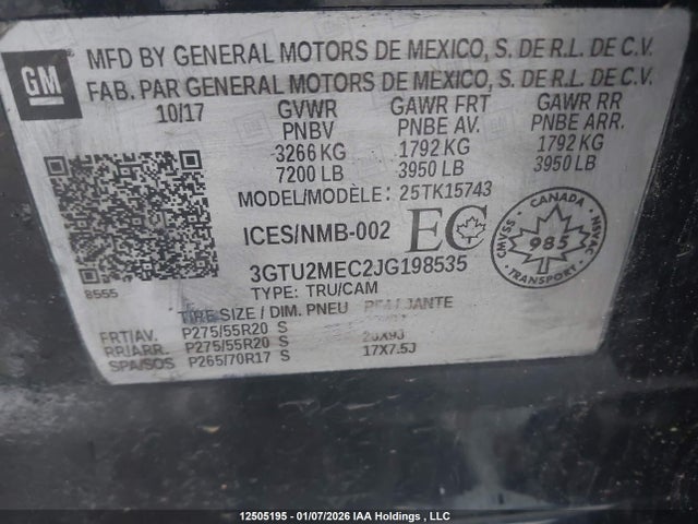 3GTU2MEC2JG198535 GMC Sierra K1500 Sle