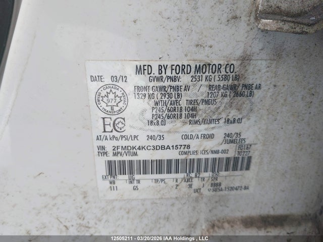 12505211 :رقم المزاد ، 2FMDK4KC3DBA15778 vin ، 2013 Ford Edge Limited مزاد بيع