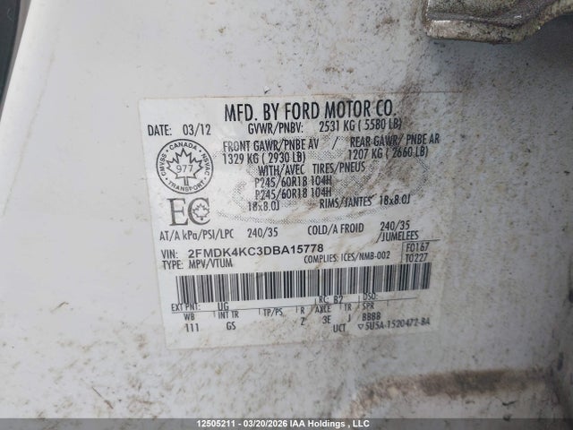 12505211 :رقم المزاد ، 2FMDK4KC3DBA15778 vin ، 2013 Ford Edge Limited مزاد بيع