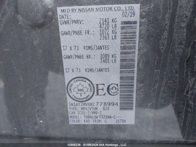 Продаж на аукціоні авто 2019 Nissan Rogue S/sl/sv, vin: 5N1AT2MVXKC778994, номер лоту: 12505236