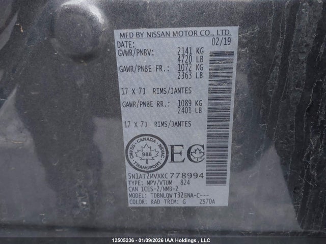 Продаж на аукціоні авто 2019 Nissan Rogue S/sl/sv, vin: 5N1AT2MVXKC778994, номер лоту: 12505236