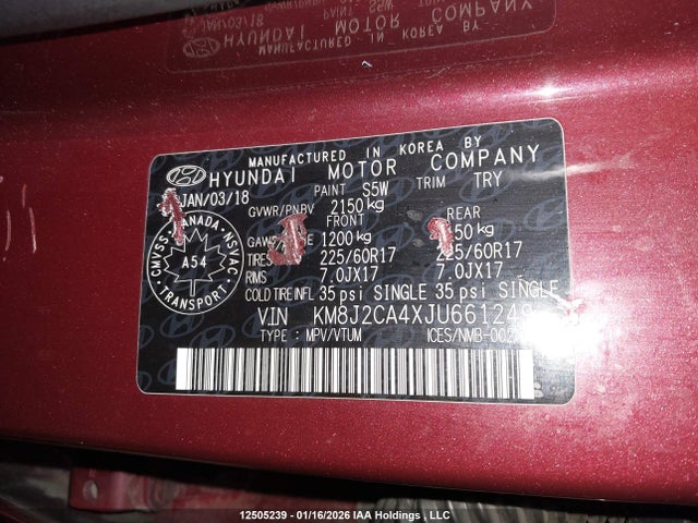 12505239 :رقم المزاد ، KM8J2CA4XJU661249 vin ، 2018 Hyundai Tucson Se مزاد بيع