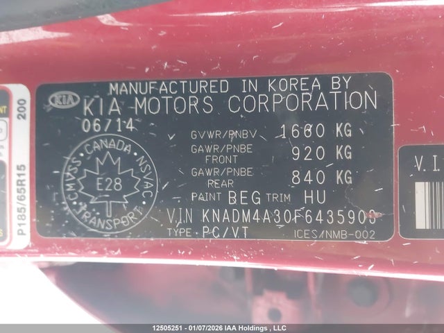 12505251 :رقم المزاد ، KNADM4A30F6435903 vin ، 2015 Kia Rio Lx مزاد بيع