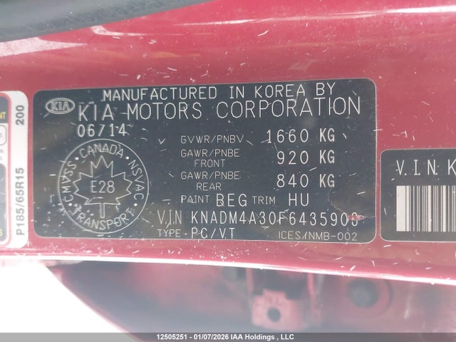 12505251 :رقم المزاد ، KNADM4A30F6435903 vin ، 2015 Kia Rio Lx مزاد بيع