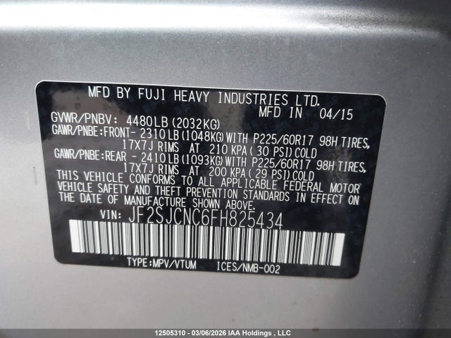 Продаж на аукціоні авто 2015 Subaru Forester 2.5i, vin: JF2SJCNC6FH825434, номер лоту: 12505310