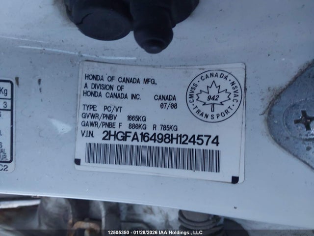 Aukcja sprzedaży 2008 Honda Civic Dx-g, vin: 2HGFA16498H124574, numer aukcji: 12505350