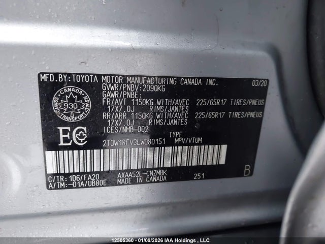 2020 Toyota Rav4 მანქანა იყიდება აუქციონზე, vin: 2T3W1RFV3LW080151, აუქციონის ნომერი: 12505360
