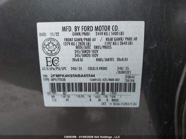 12505396 :رقم المزاد ، 2FMPK4K95NBA85544 vin ، 2022 Ford Edge Titanium مزاد بيع