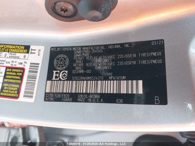 5TDZZRAH9MS524370 Toyota Highlander