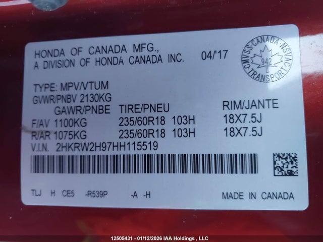 2HKRW2H97HH115519 Honda Cr-v Touring