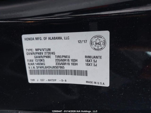 5FNRL6H24JB507865 Honda ODYSSEY LX