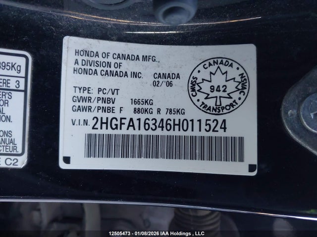 12505473 :رقم المزاد ، 2HGFA16346H011524 vin ، 2006 Honda Civic Dx-g مزاد بيع