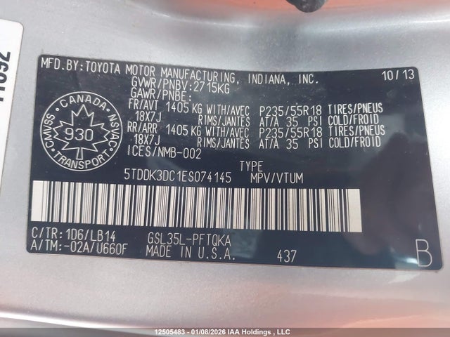 5TDDK3DC1ES074145 Toyota Sienna Xle/limited
