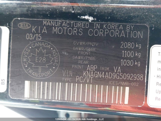 KNAGN4AD9G5092938 KIA Optima Hybrid Ex/ex Premium/ex Tech