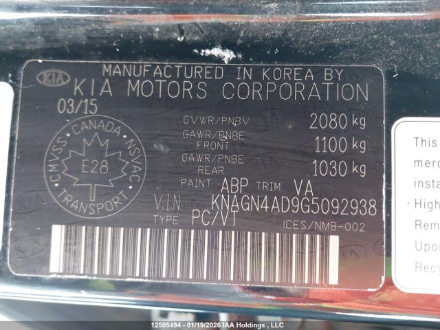 KNAGN4AD9G5092938 KIA Optima Hybrid Ex/ex Premium/ex Tech