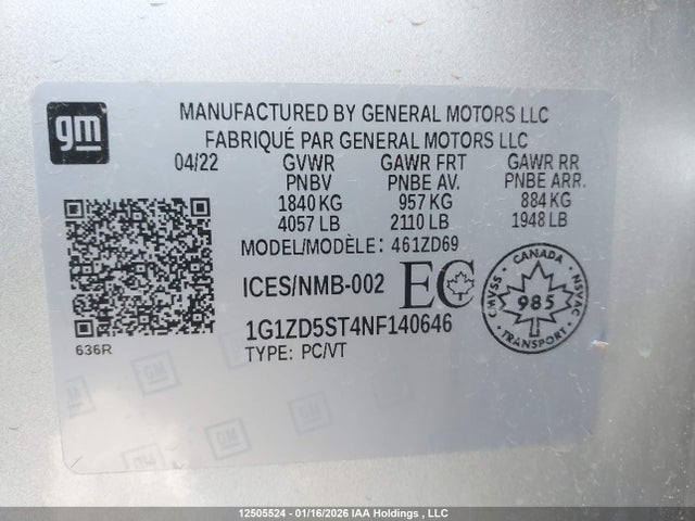 1G1ZD5ST4NF140646 Chevrolet MALIBU LT