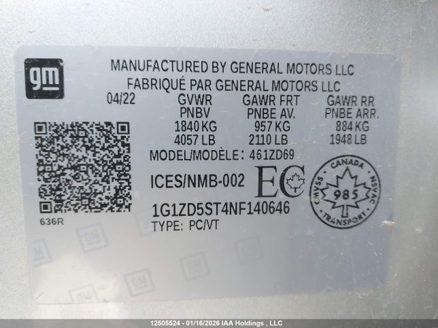 1G1ZD5ST4NF140646 Chevrolet MALIBU LT