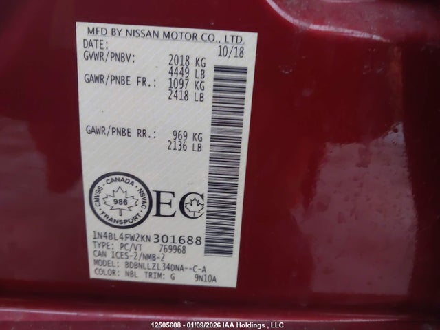 1N4BL4FW2KN301688 Nissan Altima Platinum