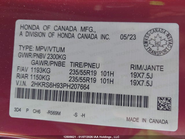 2HKRS6H93PH207664 Honda Cr-v Touring Hybrid
