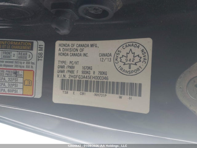 Aukcja sprzedaży 2014 Honda Civic, vin: 2HGFG3A45EH000346, numer aukcji: 12505642