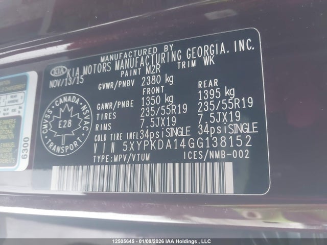 5XYPKDA14GG138152 KIA Sorento Sx/sx Limited