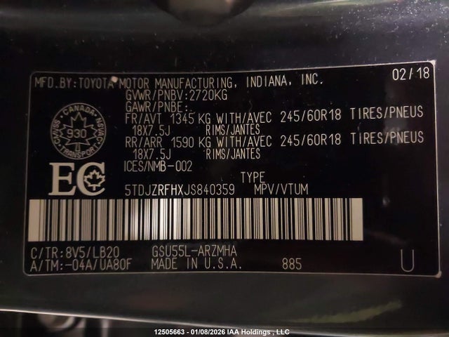 5TDJZRFHXJS840359 Toyota Highlander Se/xle