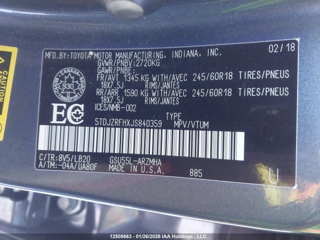 5TDJZRFHXJS840359 Toyota Highlander Se/xle