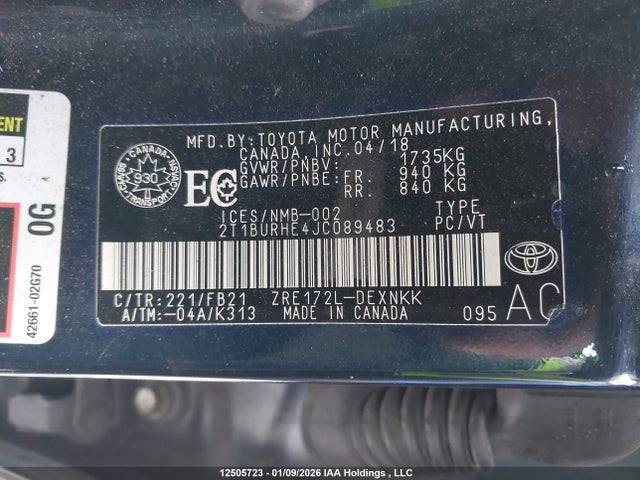 2T1BURHE4JC089483 Toyota Corolla