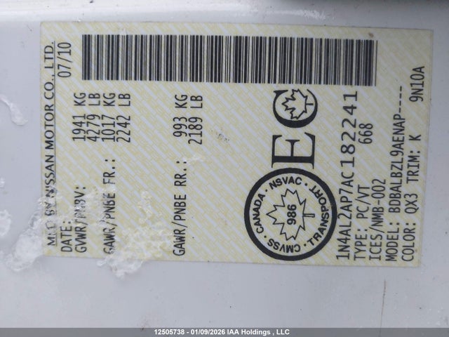 12505738 :رقم المزاد ، 1N4AL2AP7AC182241 vin ، 2010 Nissan Altima 2.5 مزاد بيع