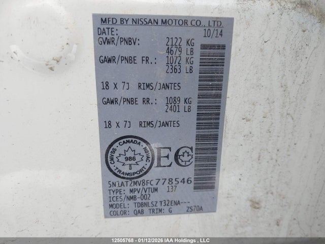 Продажа на аукционе авто 2015 Nissan Rogue, vin: 5N1AT2MV8FC778546, номер лота: 12505768