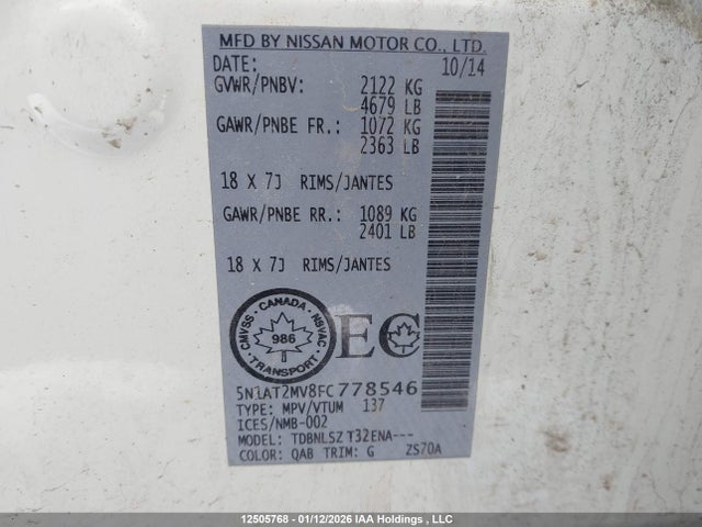 Продажа на аукционе авто 2015 Nissan Rogue, vin: 5N1AT2MV8FC778546, номер лота: 12505768
