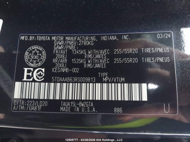 12505777 :رقم المزاد ، 5TDAAAB63RS009813 vin ، 2024 Lexus Tx 350 مزاد بيع