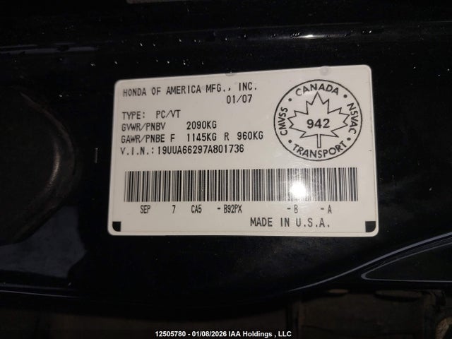 Продаж на аукціоні авто 2007 Acura Tl, vin: 19UUA66297A801736, номер лоту: 12505780
