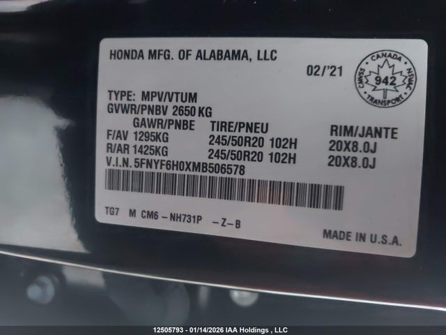 5FNYF6H0XMB506578 Honda Pilot Elite