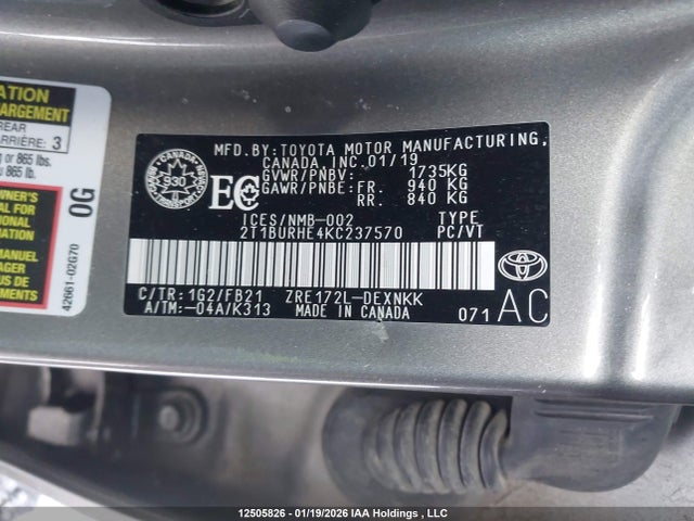 Aukcja sprzedaży 2019 Toyota Corolla L/le/xle/se/xse, vin: 2T1BURHE4KC237570, numer aukcji: 12505826