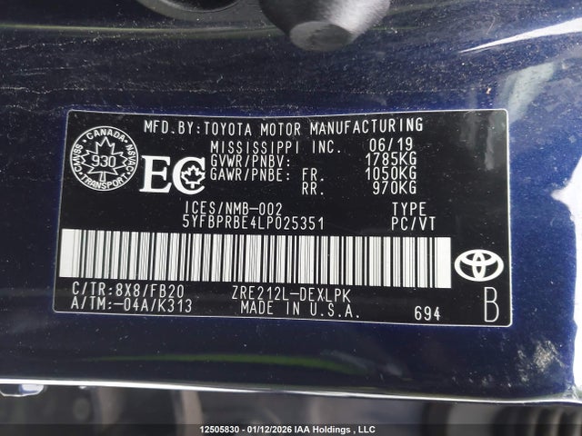 12505830 :رقم المزاد ، 5YFBPRBE4LP025351 vin ، 2020 Toyota Corolla Le مزاد بيع