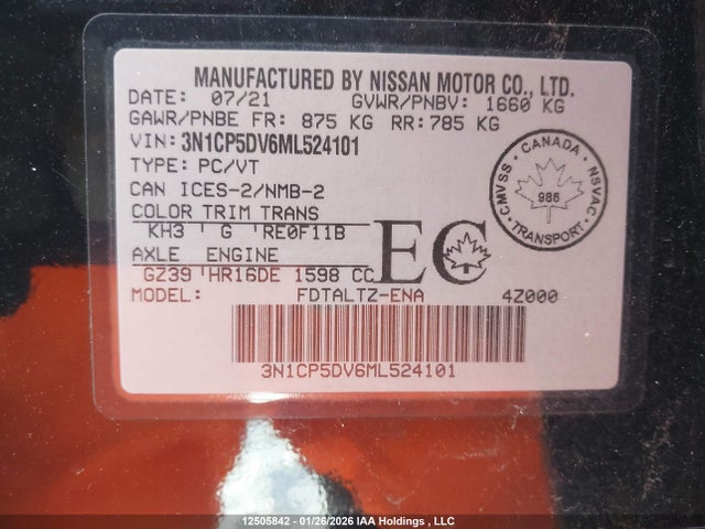 12505842 :رقم المزاد ، 3N1CP5DV6ML524101 vin ، 2021 Nissan Kicks مزاد بيع