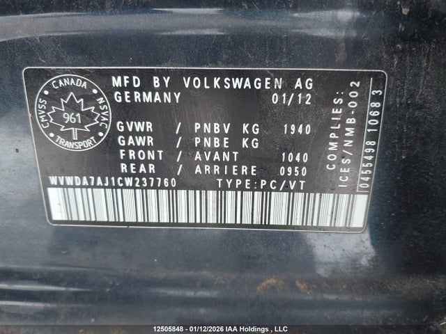 Aukcja sprzedaży 2012 Volkswagen Golf, vin: WVWDA7AJ1CW237760, numer aukcji: 12505848