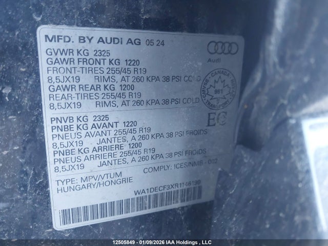 Aukcja sprzedaży 2024 Audi Q3 45 Komfort, vin: WA1DECF3XR1146199, numer aukcji: 12505849