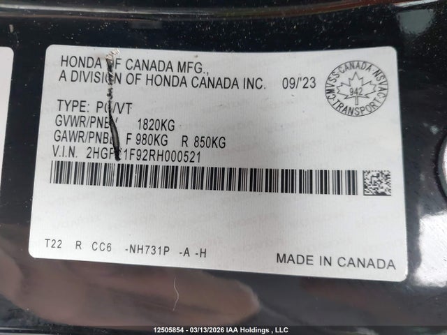 2HGFE1F92RH000521 Honda Civic Touring