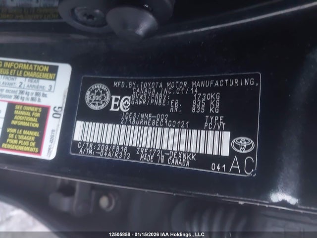 2T1BURHE8EC100121 Toyota Corolla L/le/le Pls/prm/s/s Pls