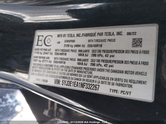 5YJ3E1EA1NF332267 Tesla MODEL 3
